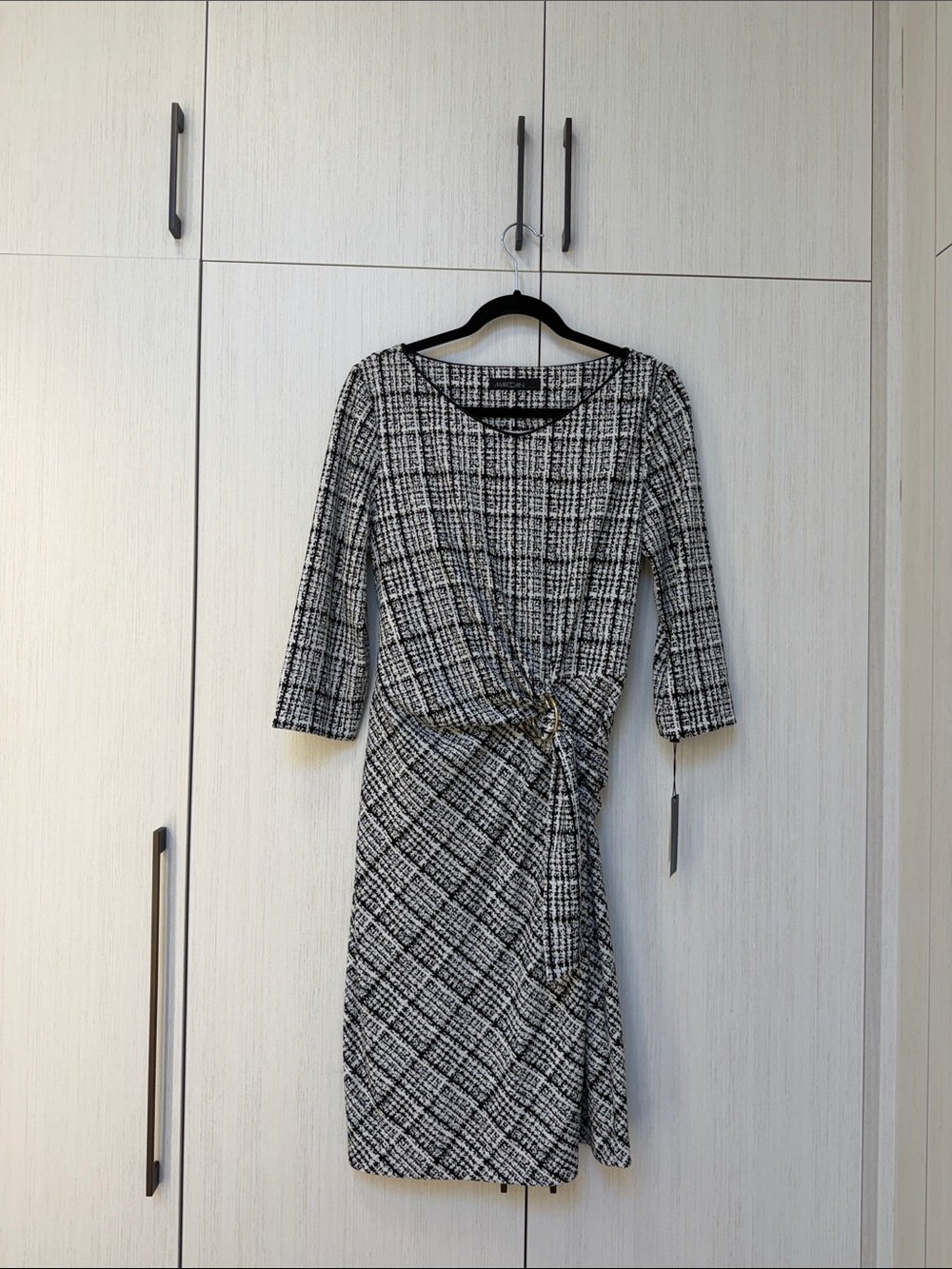 Marc Cain Black & White Plaid Knot-Waist Midi Dress